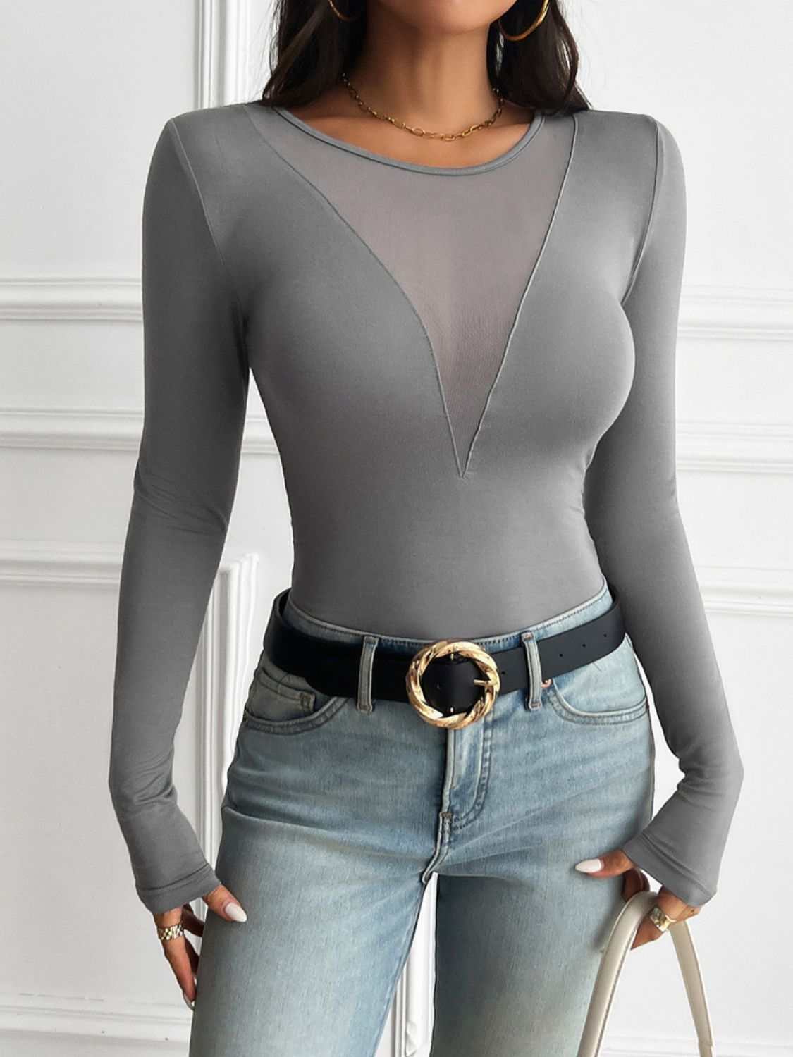 Devine round neck long sleeve T-shirt, semi-sheer, highly stretchy, gray.