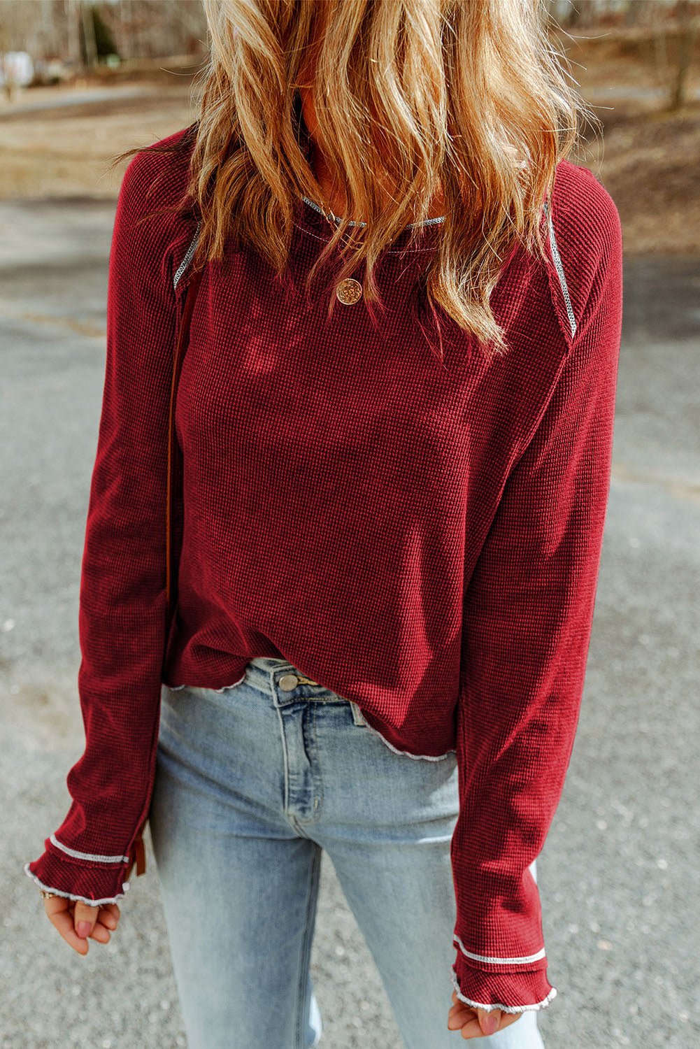 Apricot Textured Round Neck Long Sleeve Top