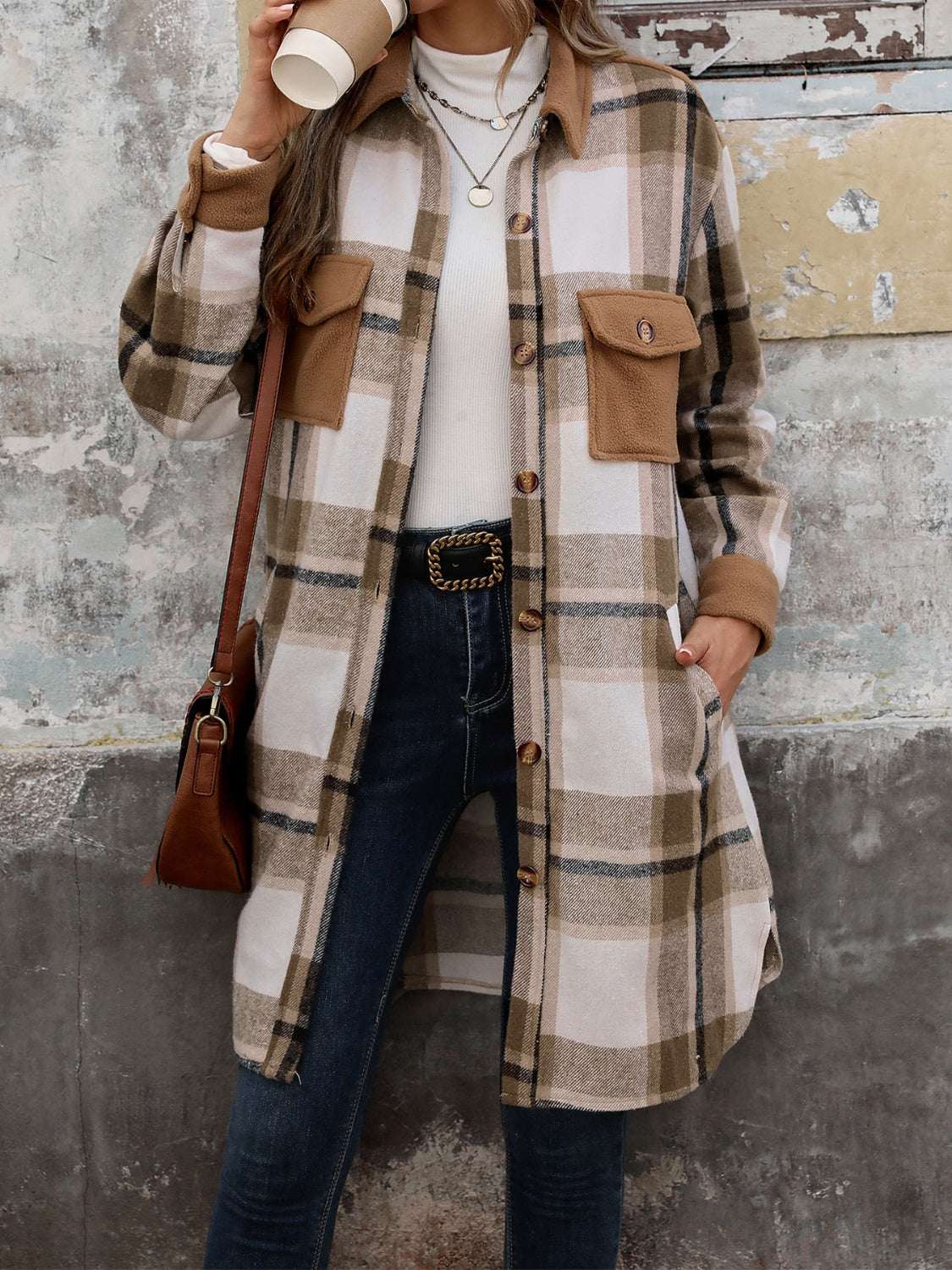 Perfee plaid button up long sleeve coat with pockets and button details, worn by person outdoors.