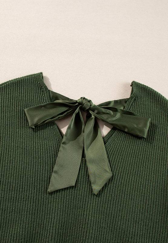 Tied back V-neck long sleeve sweater with bow detail in green ribbed knit fabric.