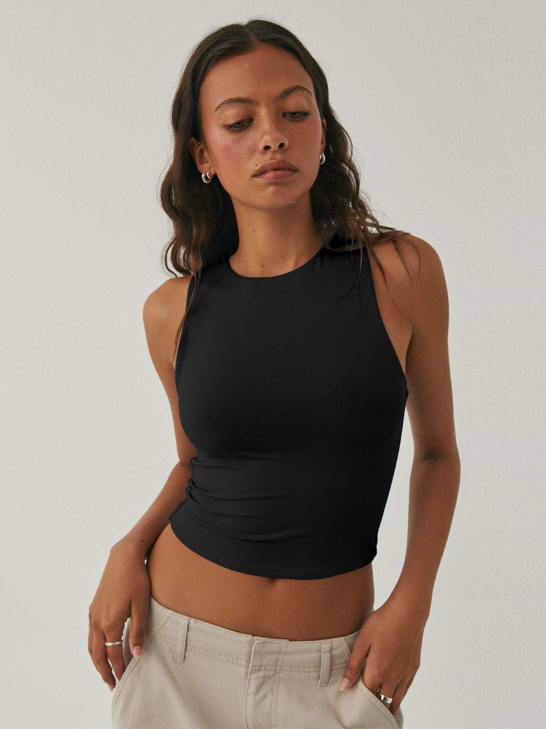 Round Neck Cropped Tank with slight stretch, basic style, black.