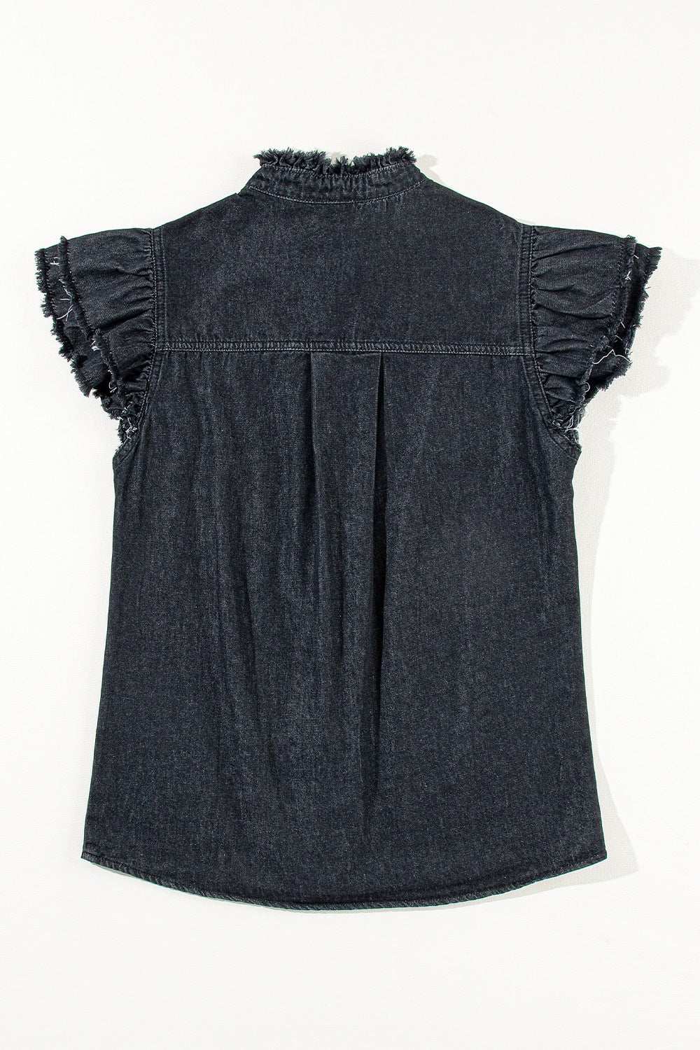 Ruffled denim shirt with raw hem and button-down design.