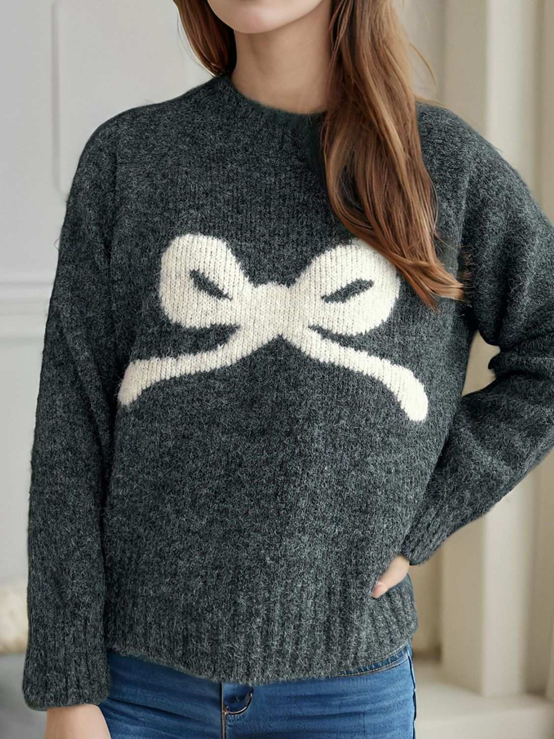 Bow Round Neck Long Sleeve Sweater in dark gray with white bow design.