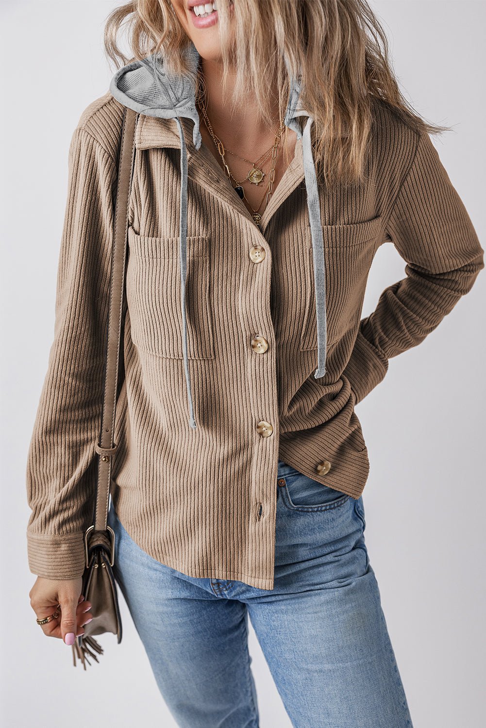 Black Hooded Drawstring Pockets Corduroy Shacket