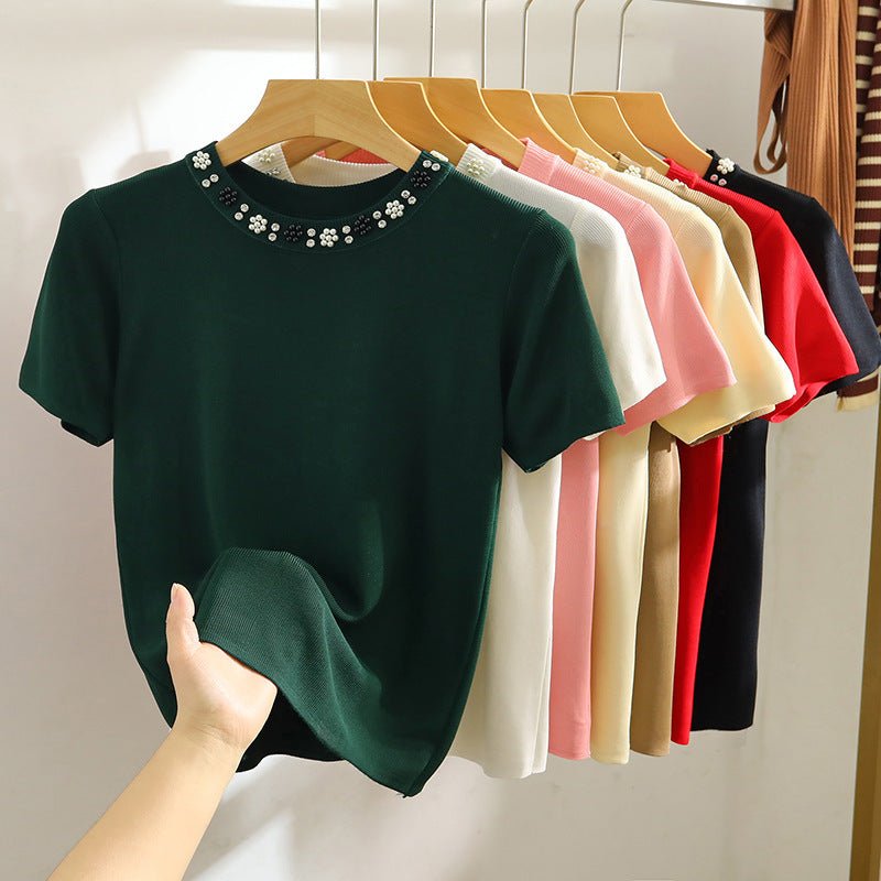 Round Neck Heavy Industry Ice Silk Short Sleeve T-shirt Female Spring And Summer Elegant Knitwear
