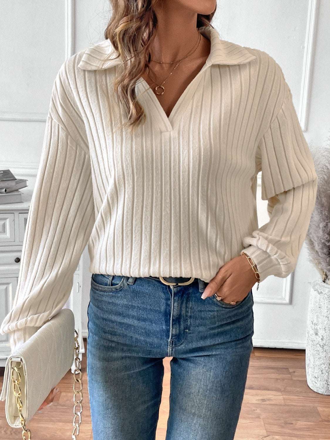 Ribbed Johnny Collar Long Sleeve T-Shirt in white, featuring moderate stretch, styled with jeans.