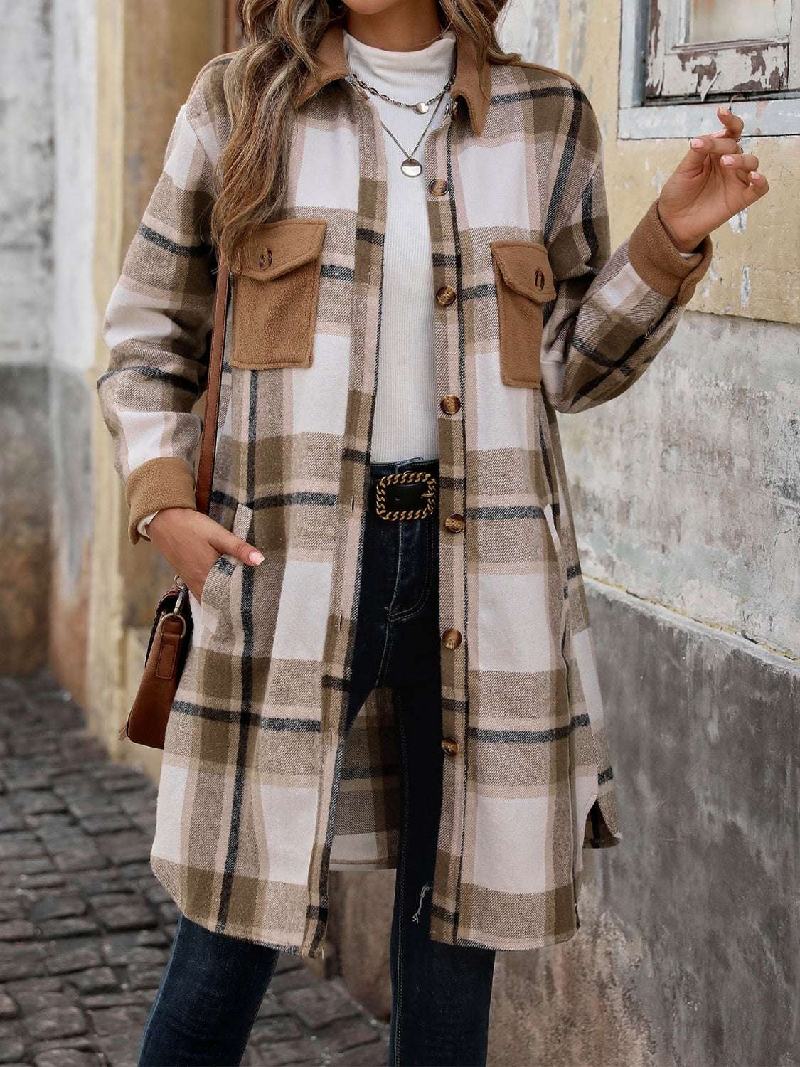 Perfee plaid button-up long sleeve coat with pockets and slits.