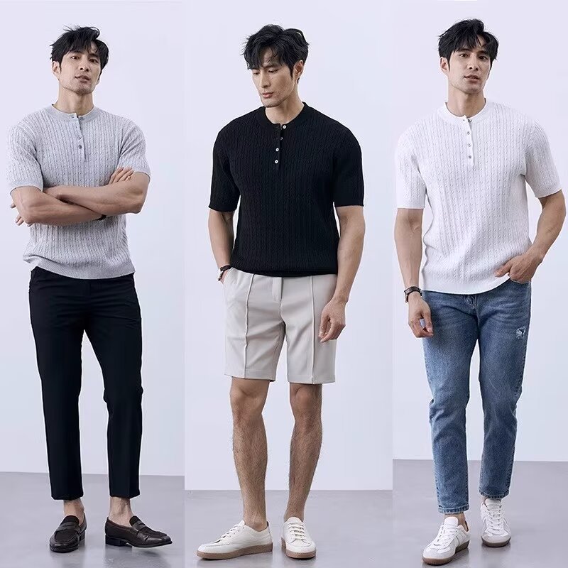 Simple And Slim-fit Round-neck High-end Casual Knit Short-sleeve Shirt For Men