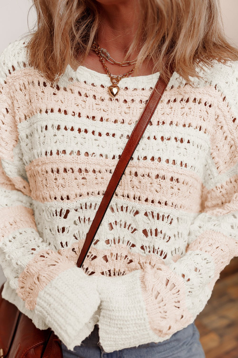 Pink Hollow-out Colorblock Drop Shoulder Casual Sweater