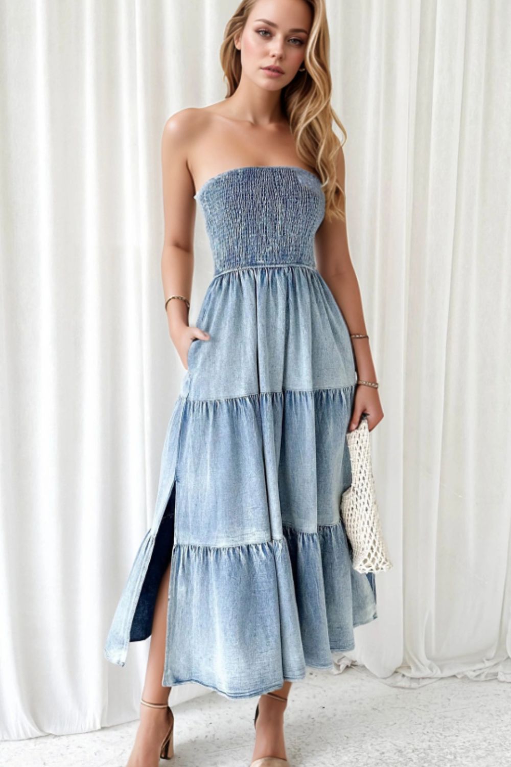 Smocked Tube Slit Tiered Denim Dress - Securing Secrets Boutique LLC