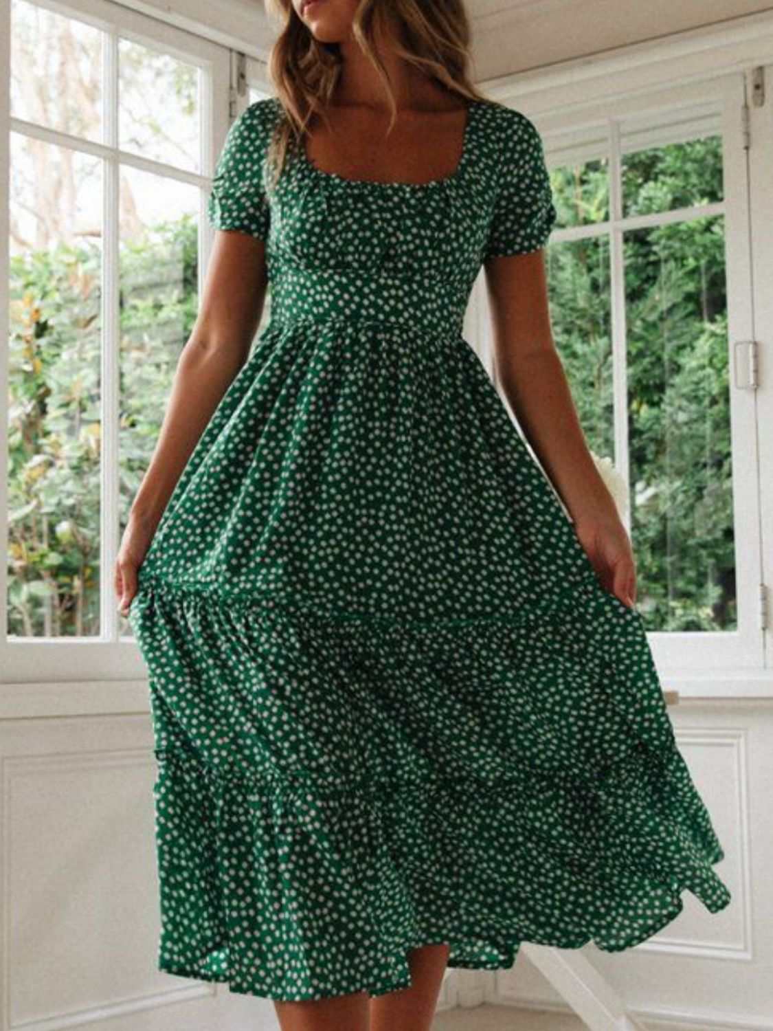 Printed Square Neck Short Sleeve Midi Dress - Securing Secrets Boutique LLC