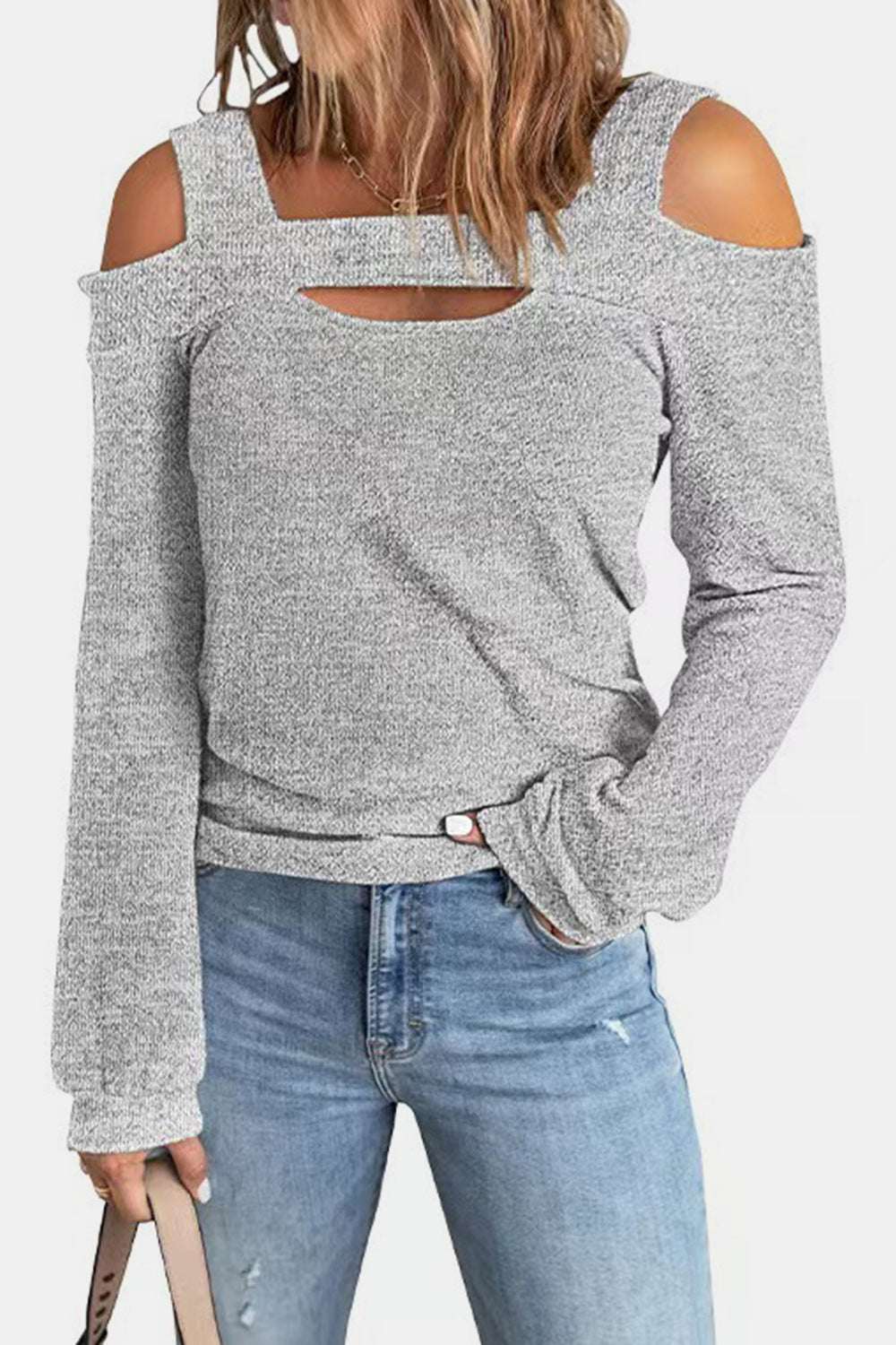Full size cutout cold shoulder blouse in gray polyester with long sleeves and chest cutout detail
