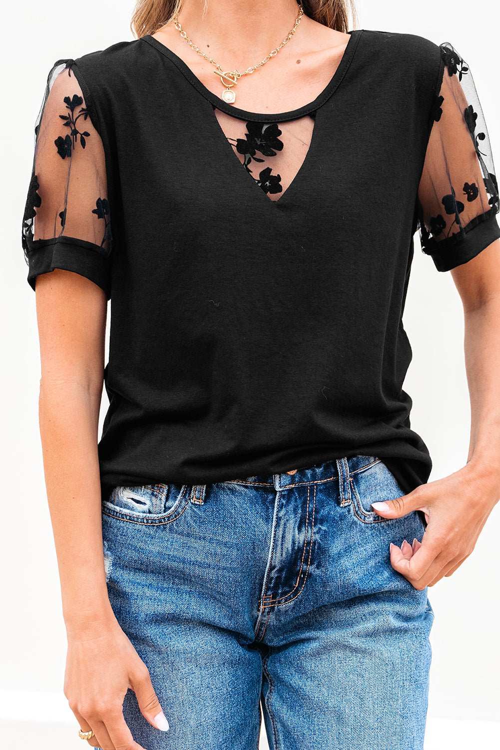 Black Flora Lace Patchwork Crew Neck T Shirt