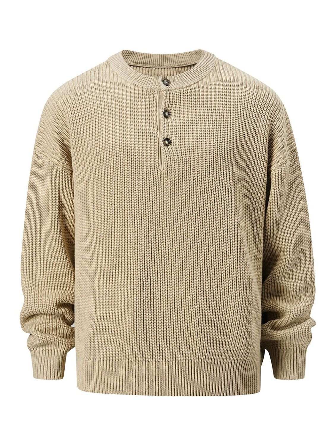 Men's round neck long sleeve sweater, beige, cotton blend, basic style.