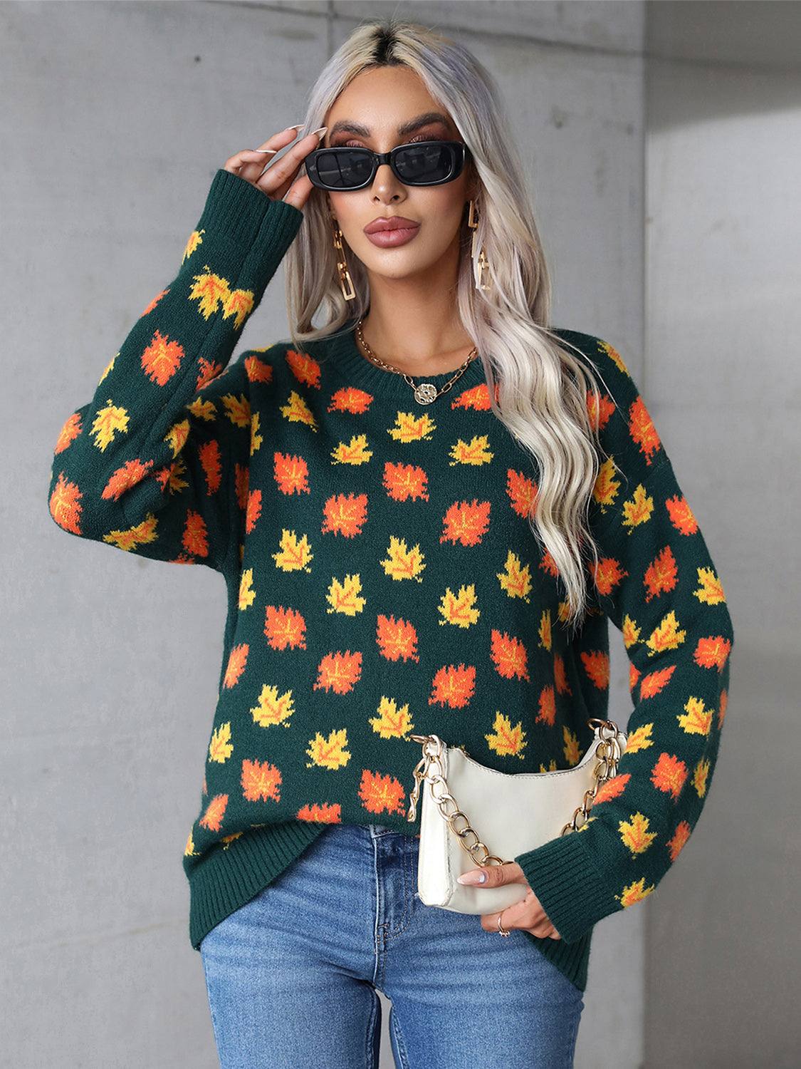 Angel Wings Maple Leaf Round Neck Long Sleeve Sweater with colorful leaf pattern.