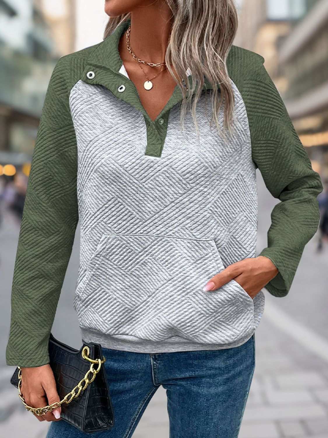 Perfee contrast textured long sleeve sweatshirt in green and gray, buttoned, pocketed design.