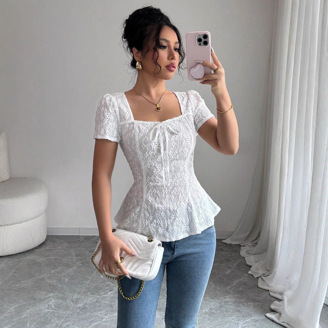 Casual Lace Blouse With A Square Neckline And Bow-tied Short Sleeves