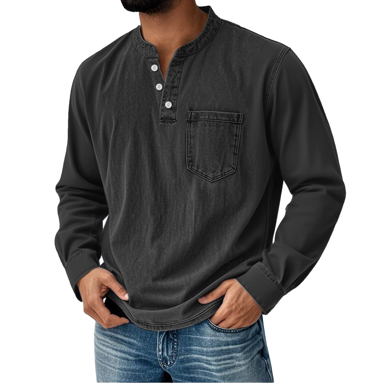 Printed Three-button Long-sleeve T-shirt For Young Men Casual