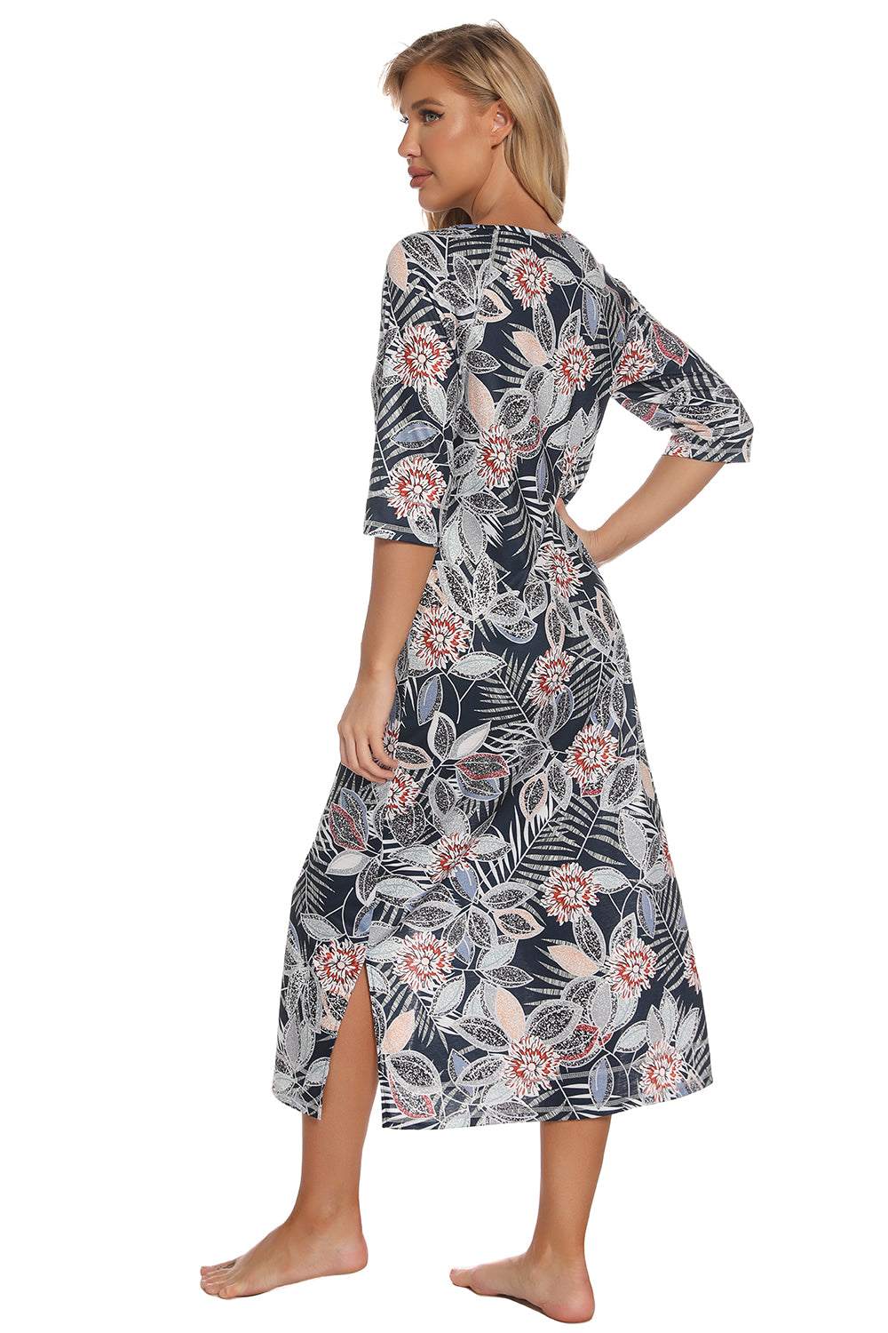 Printed slit night dress with floral pattern and pockets.