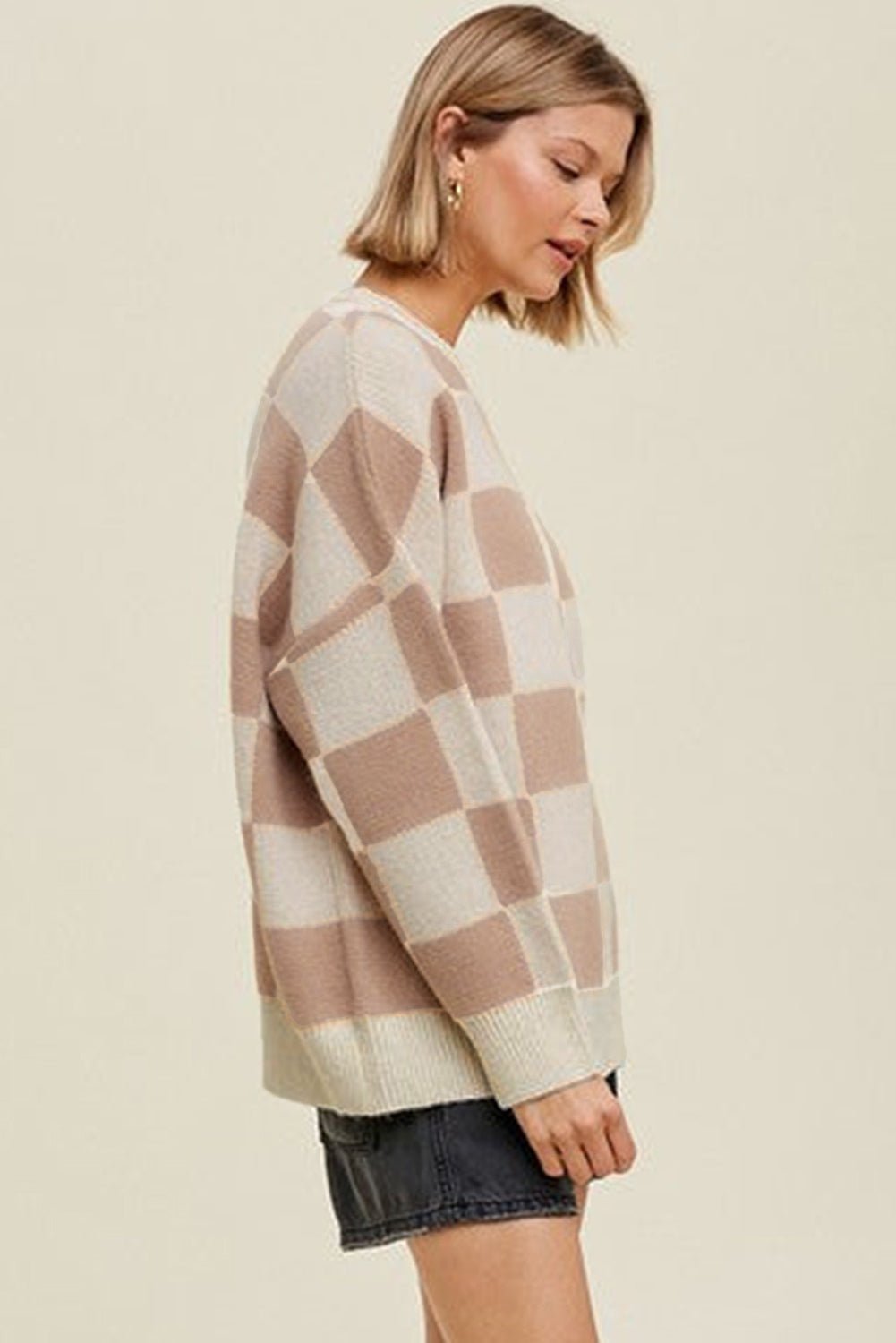 Parchment Checkered Pattern Ribbed Trim Knit Baggy Sweater