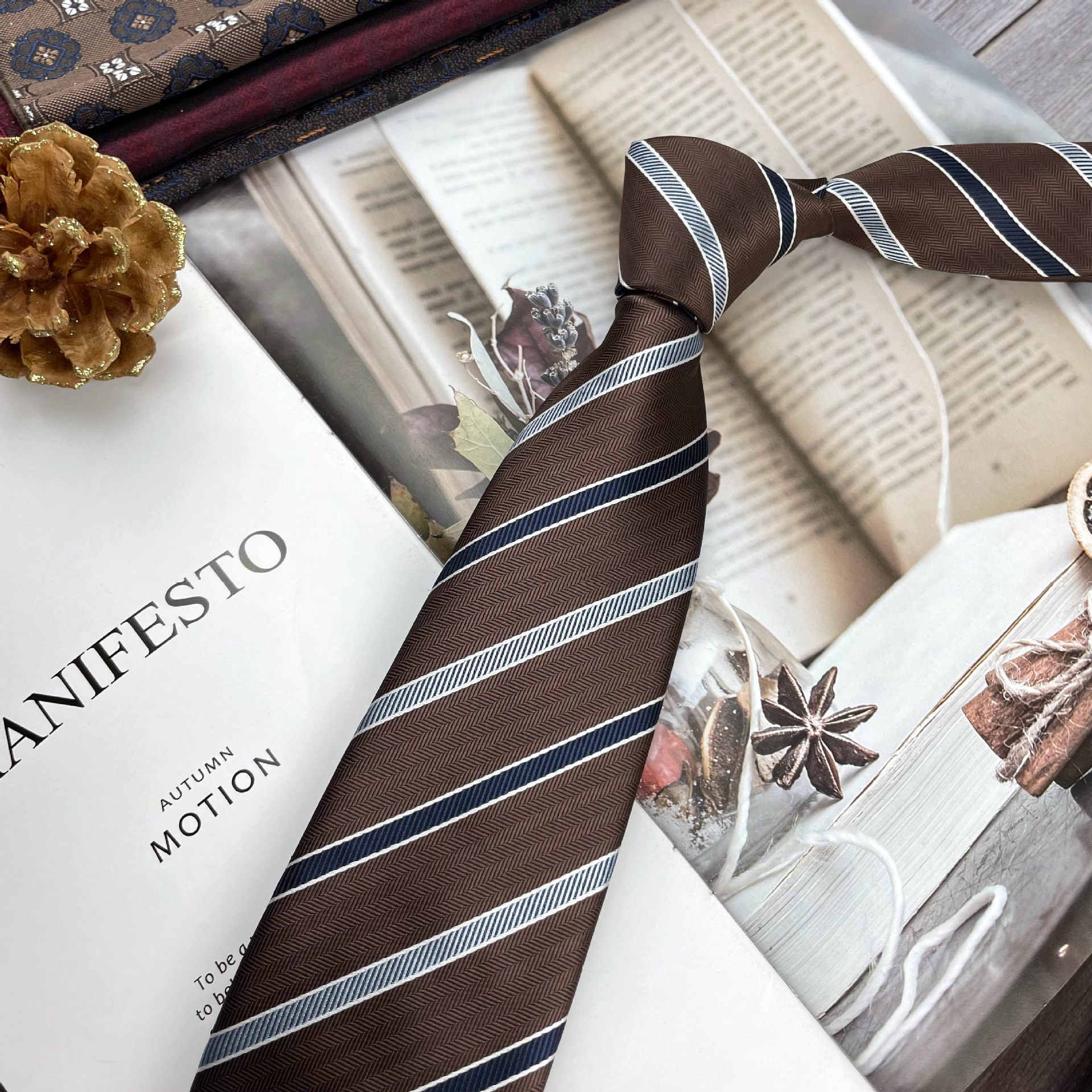 Retro Coffee Color Orange Red Striped Tie Hand Hit 8CM Men