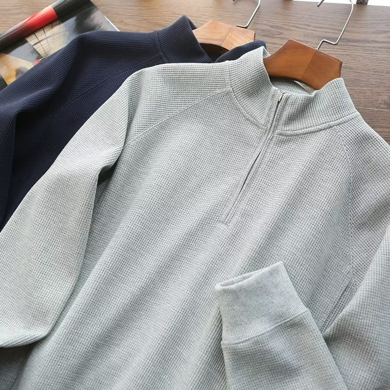 Solid Color Polo Shirt Men's Loose Half Zipper Waffle Sweater