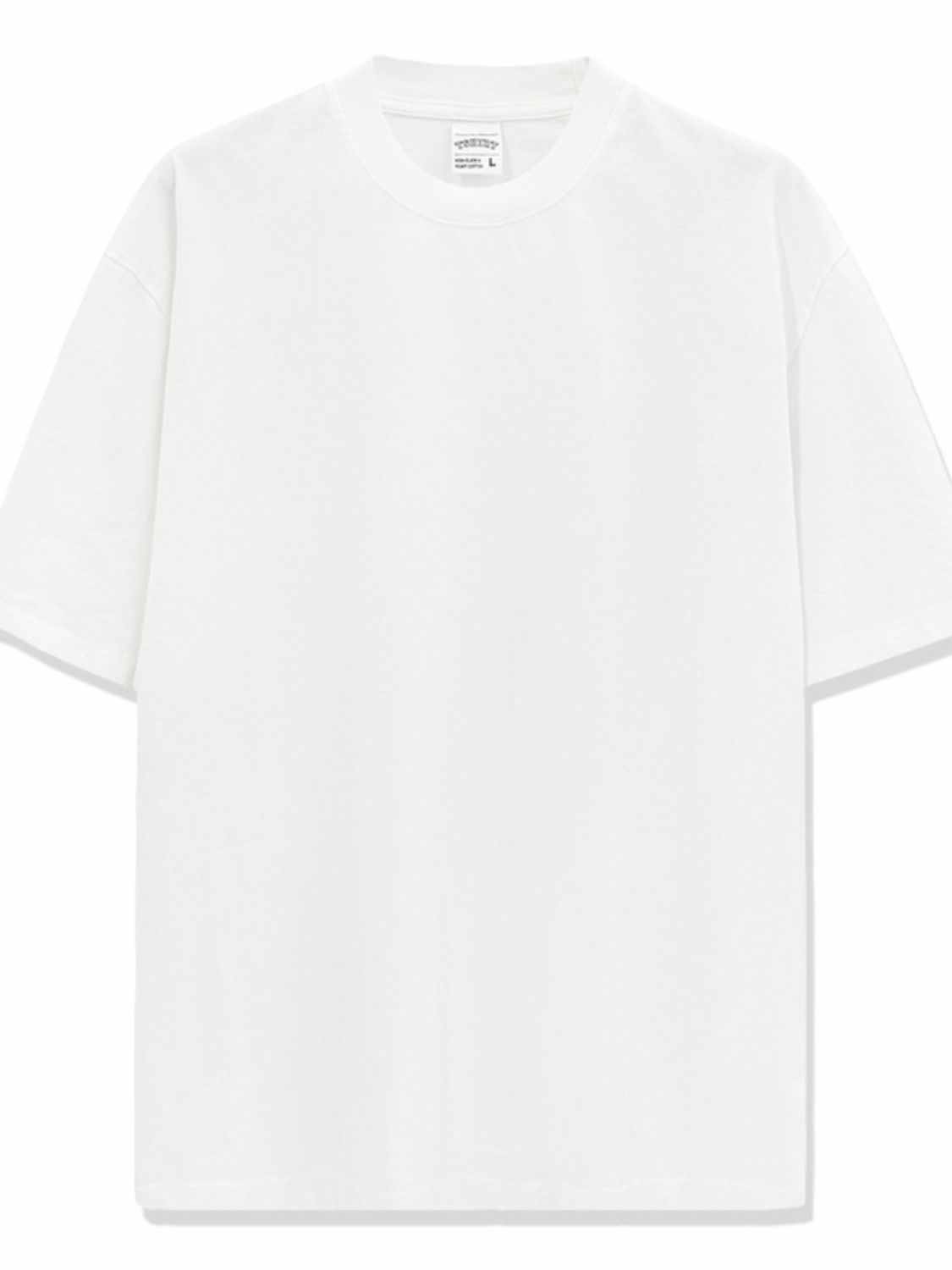 Men's full size white round neck t-shirt, basic style, cotton blend.