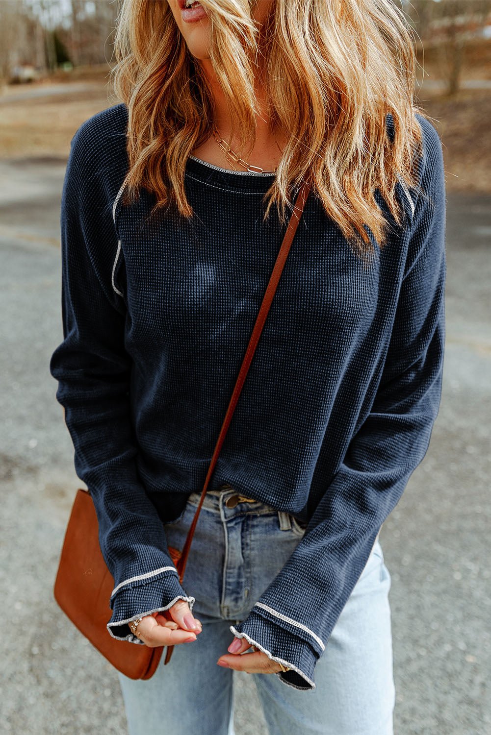 Apricot Textured Round Neck Long Sleeve Top