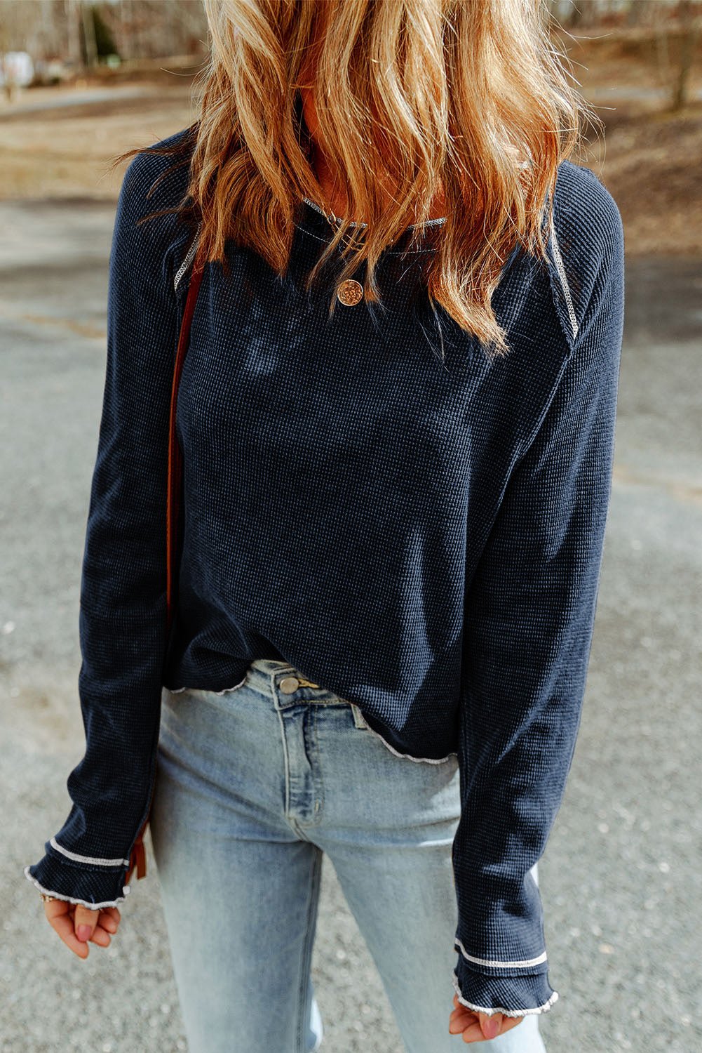 Apricot Textured Round Neck Long Sleeve Top