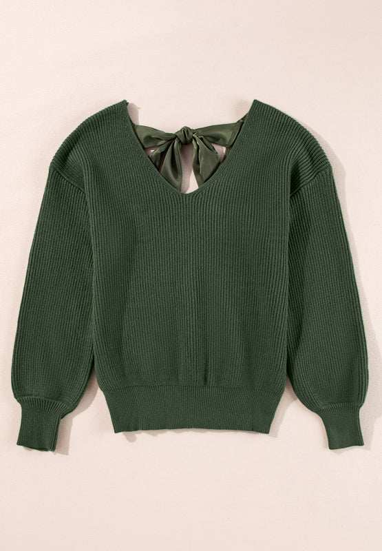 V-Neck Long Sleeve Sweater with Tied Back Bow