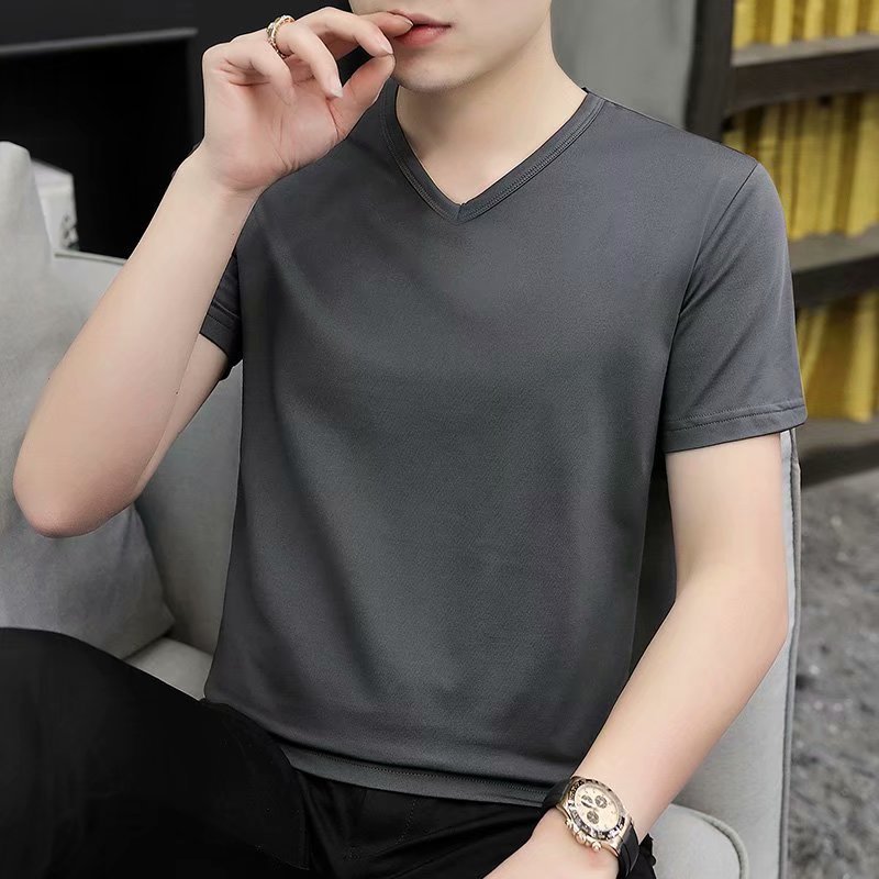 Mens Short-Sleeve V-Neck T-Shirt Summer Slim-Fit White All-Match Tee