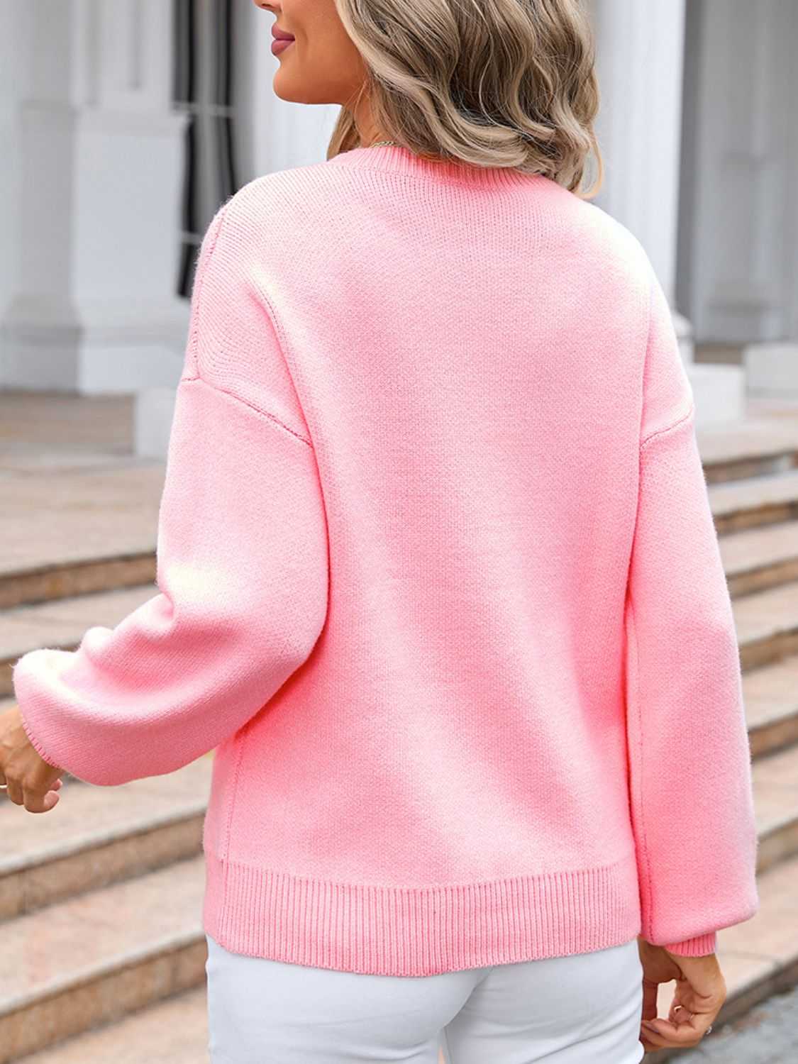 Pink angle of Angel Wings Bow Graphic Round Neck Long Sleeve Sweater