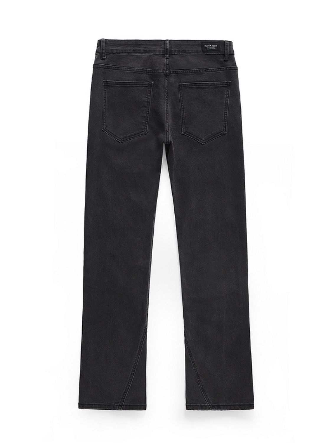 Men's washed bootcut jeans in black featuring basic style, back view.