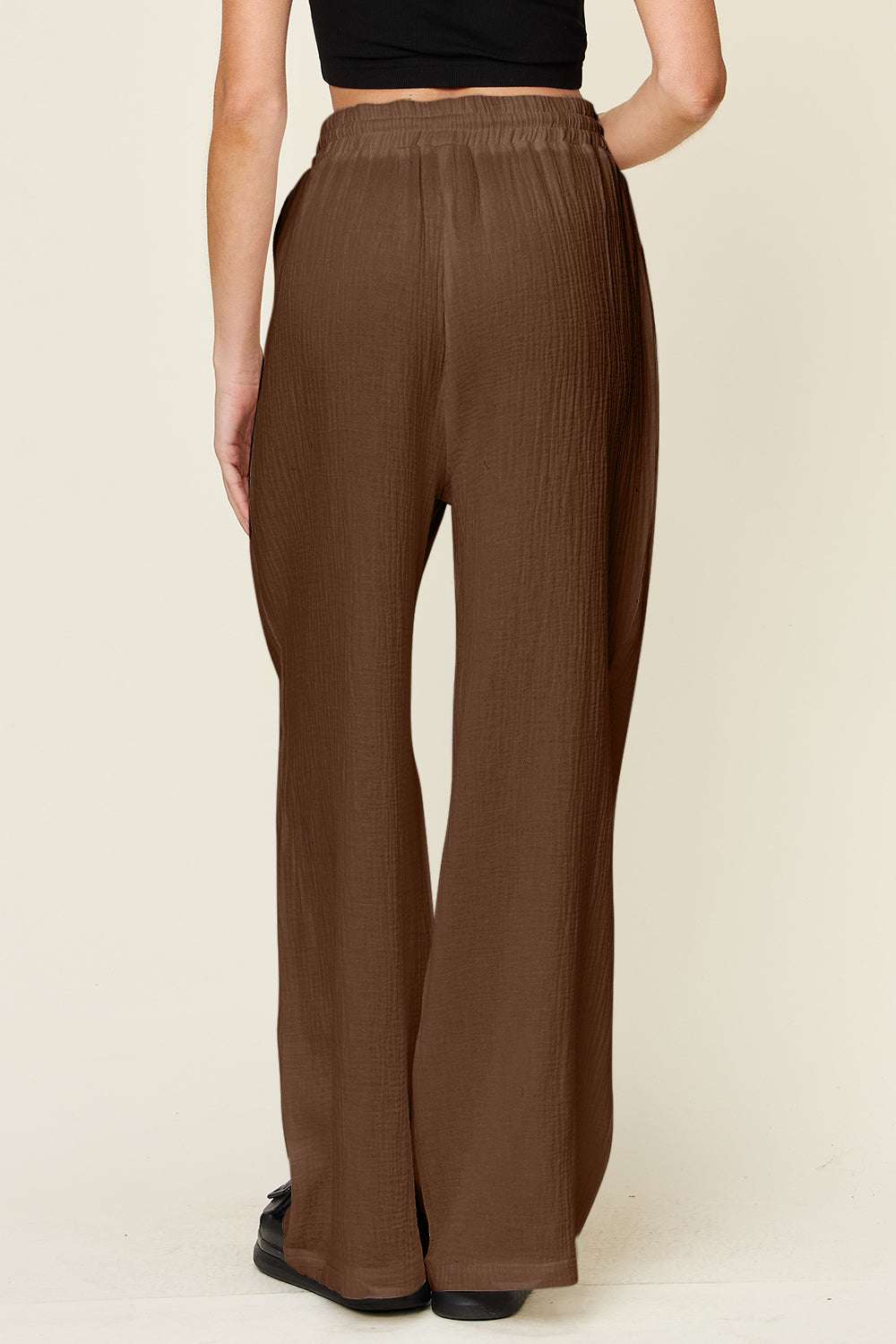 Double Take Full Size Texture Drawstring Wide Leg Pants in brown, featuring a drawstring waist and opaque 100% cotton fabric.