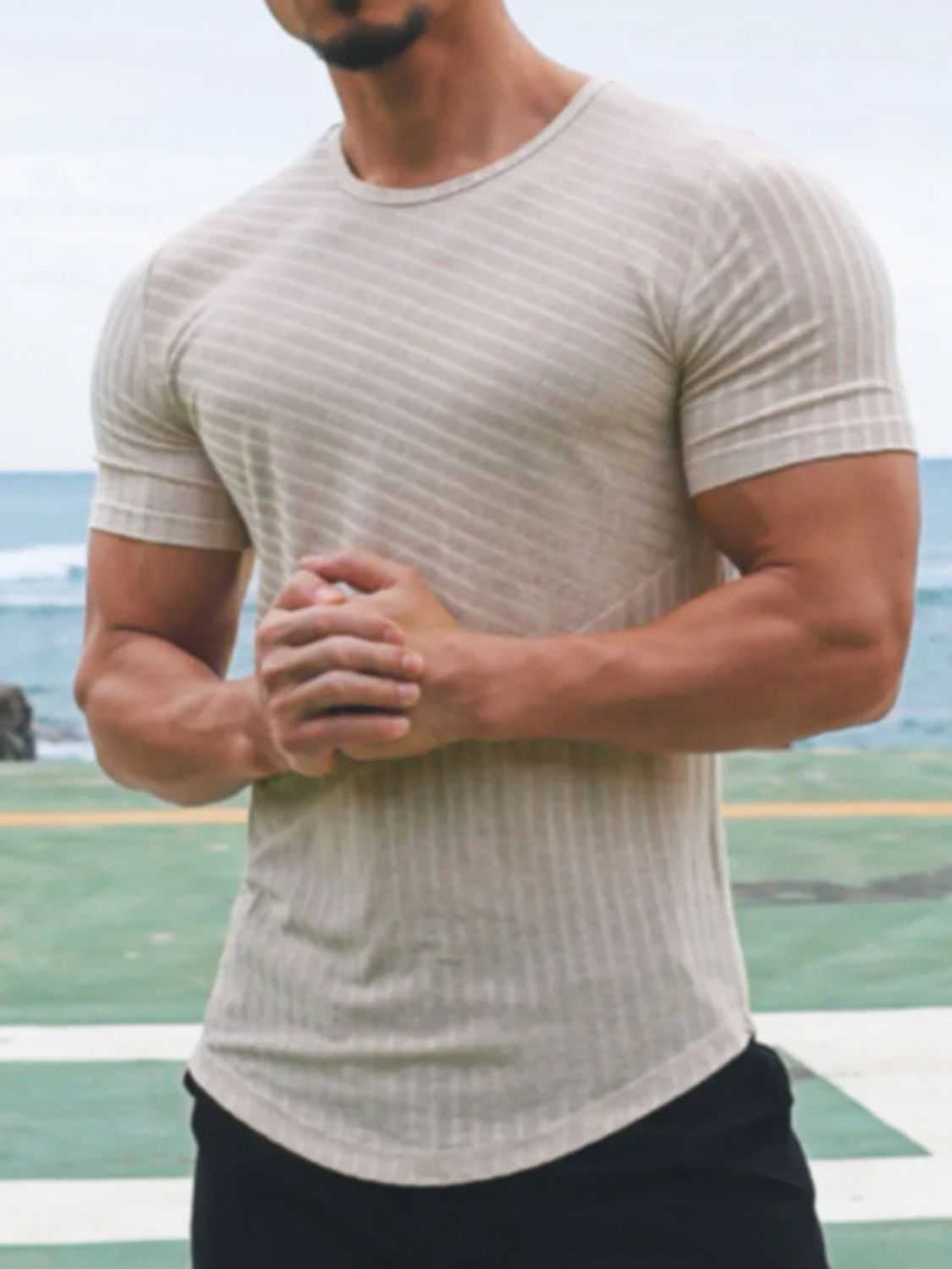 Men's round neck short sleeve striped T-shirt in beige, stretchy and breathable fabric, perfect for casual wear.