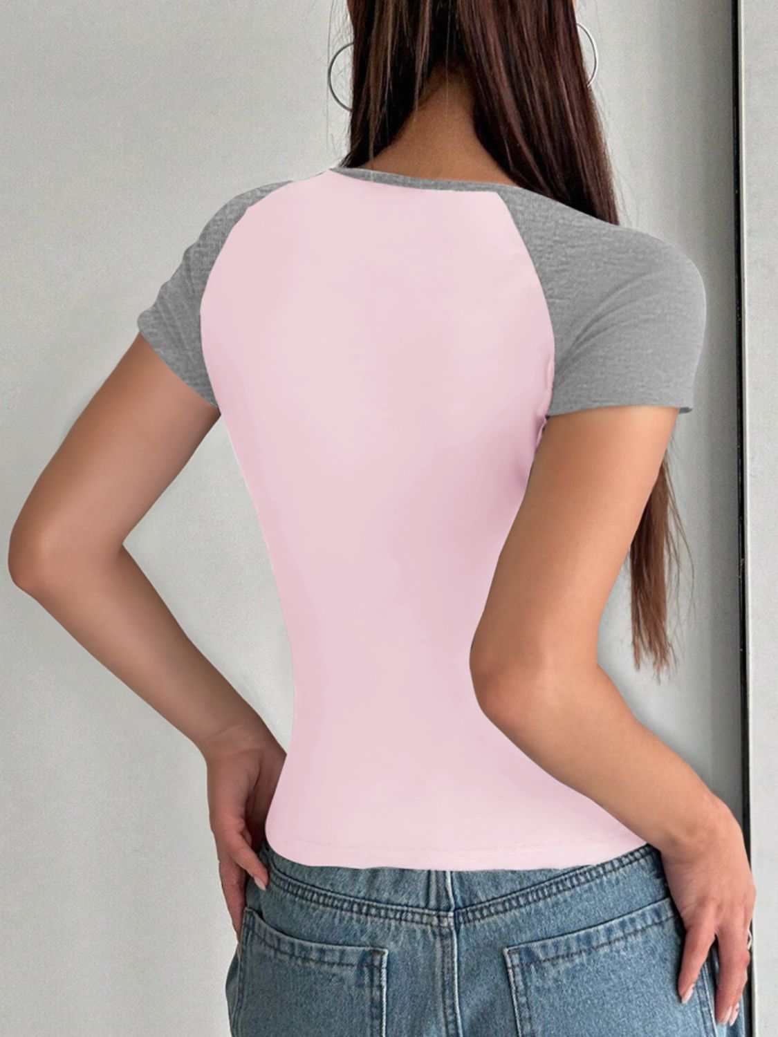 Devine Contrast Scoop Neck Short Sleeve T-Shirt, back view, gray sleeves, pink body.