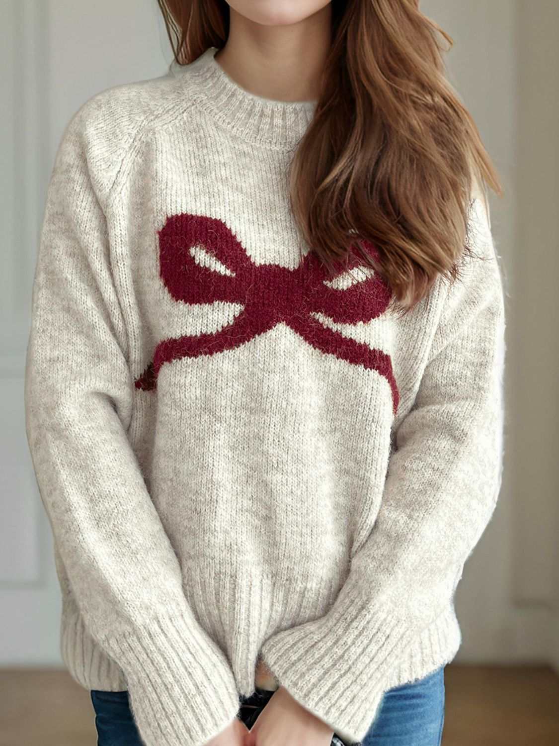 Bow Round Neck Long Sleeve Sweater with basic style and slightly stretchy fabric.