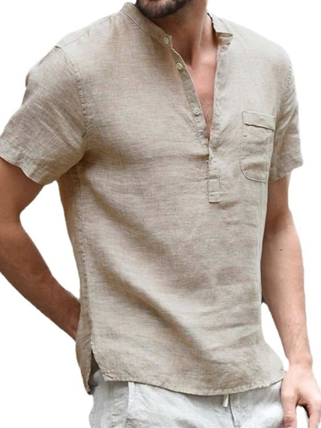 Men's full size half button short sleeve polo in beige, plus size, polyester and flax blend.