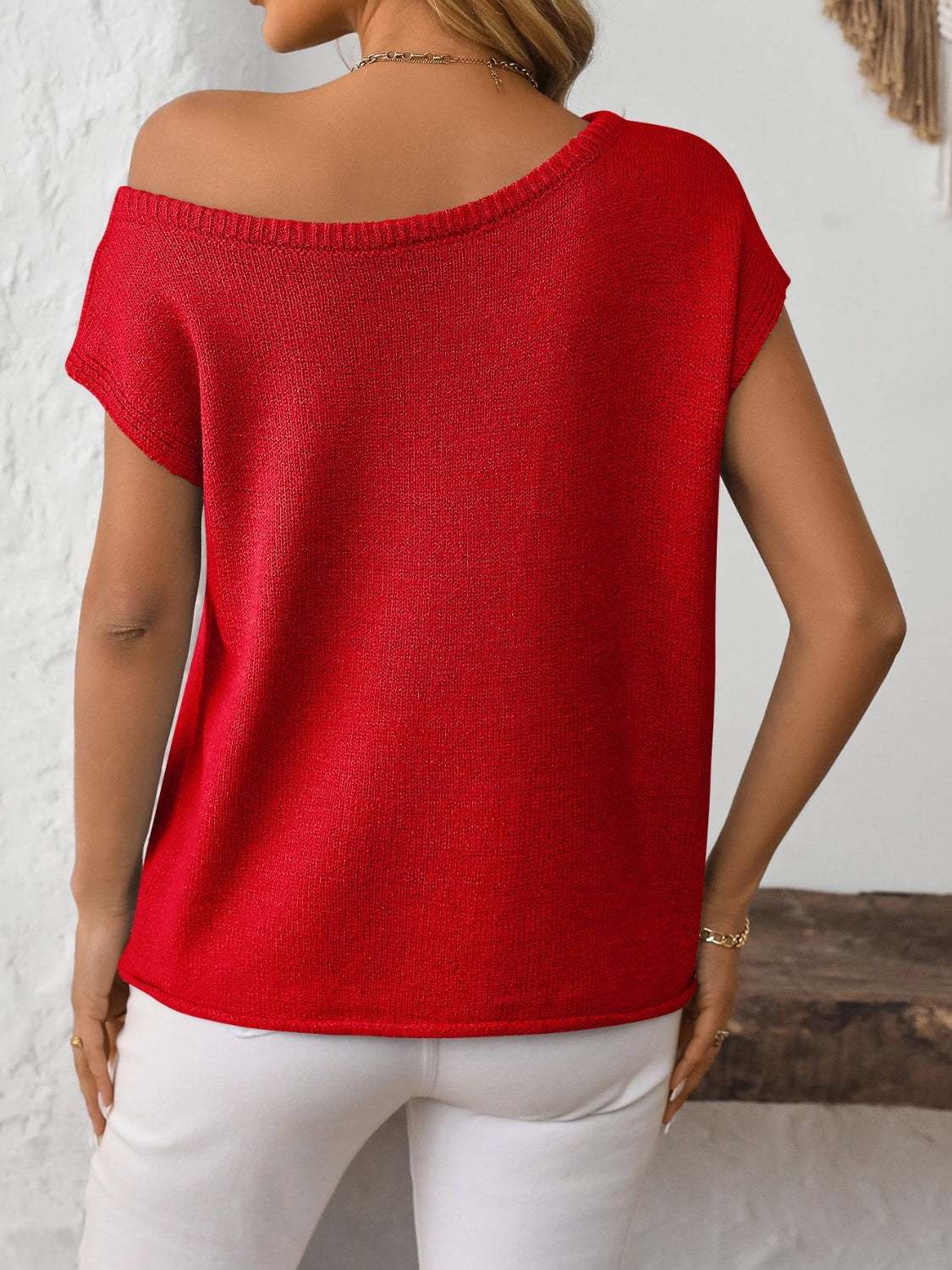 Mandy Boat Neck Short Sleeve Knit Top in red.
