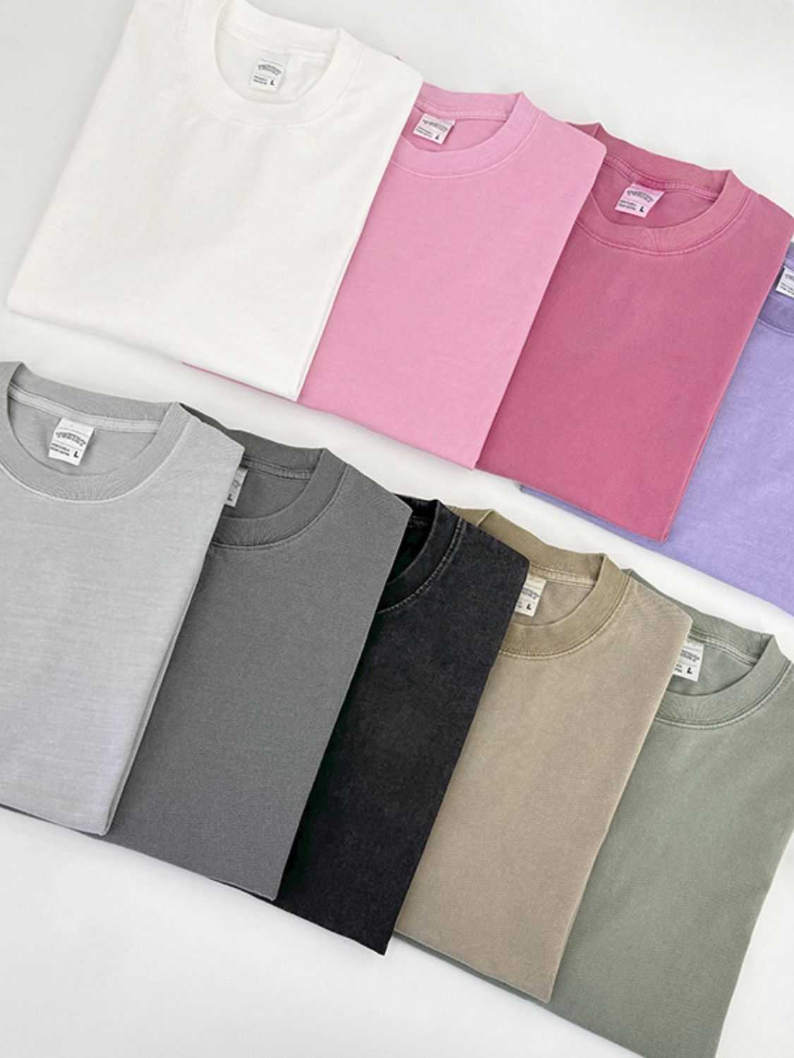 Men's full size round neck washed T-shirts in assorted colors, no stretch, 90% cotton blend.