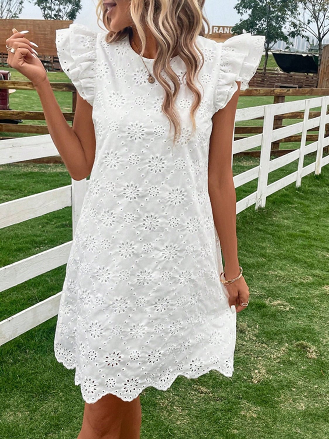 Eyelet Round Neck Ruffled Cap Sleeve Dress - Securing Secrets Boutique LLC
