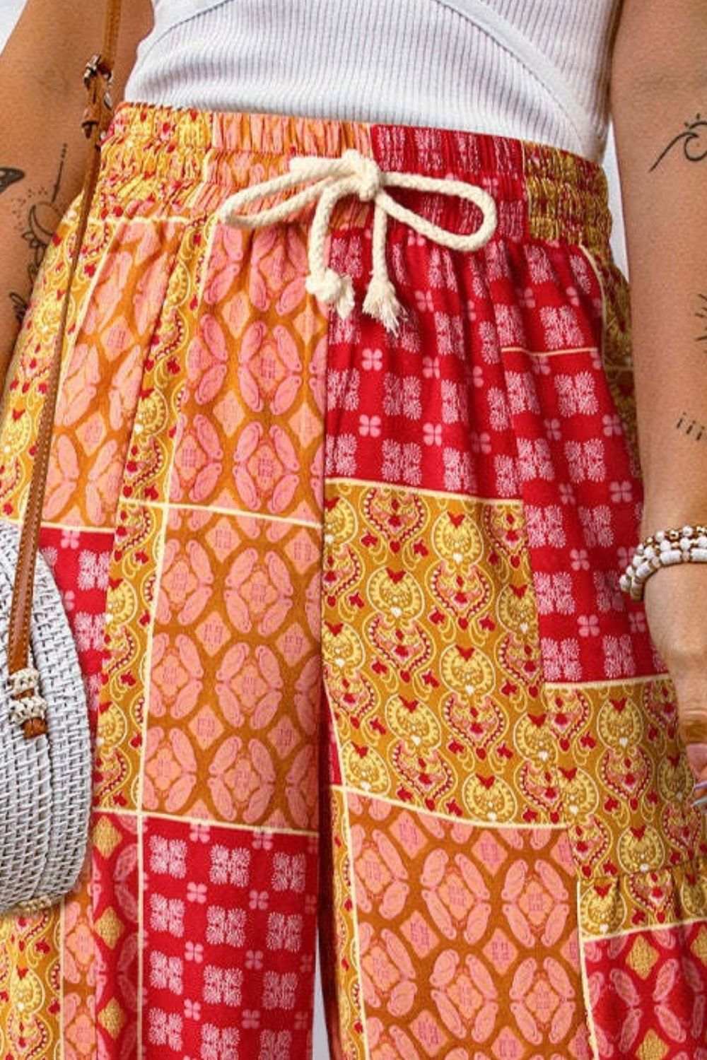 Full size drawstring printed wide leg pants in vibrant designs.