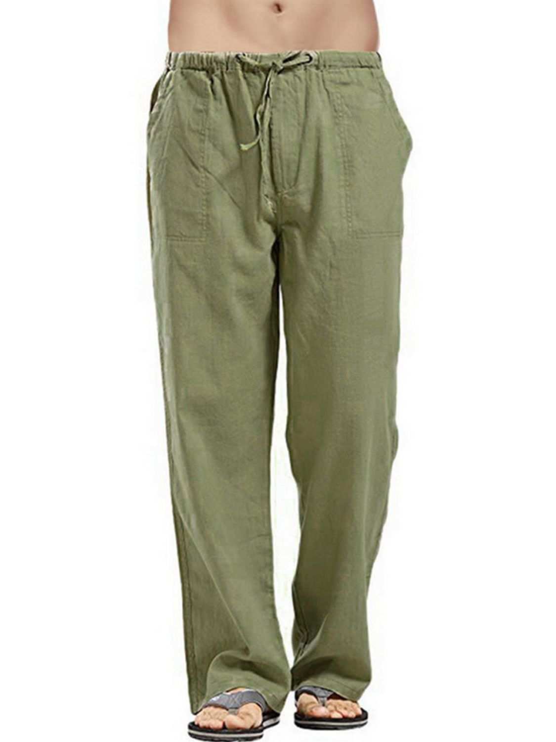 Men's full size drawstring straight leg pants in olive green, basic style.