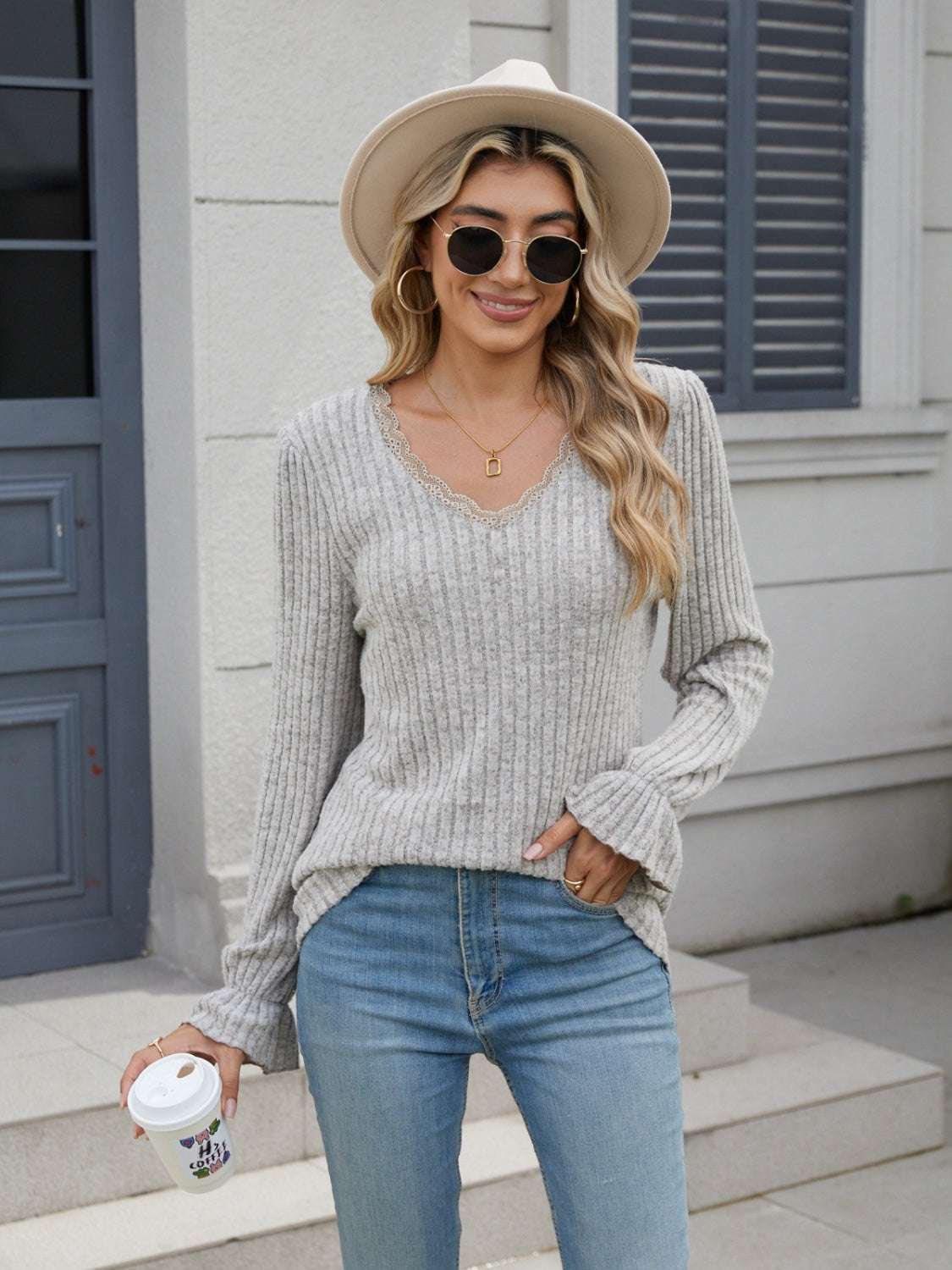 Lace detail V-neck long sleeve T-shirt, ruffled design, slightly stretchy, 100% polyester.