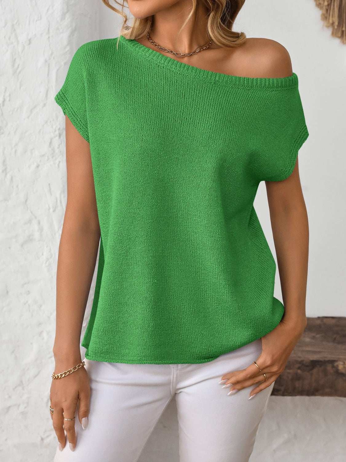 Mandy Boat Neck Short Sleeve Knit Top in green, casual style with moderate stretch.