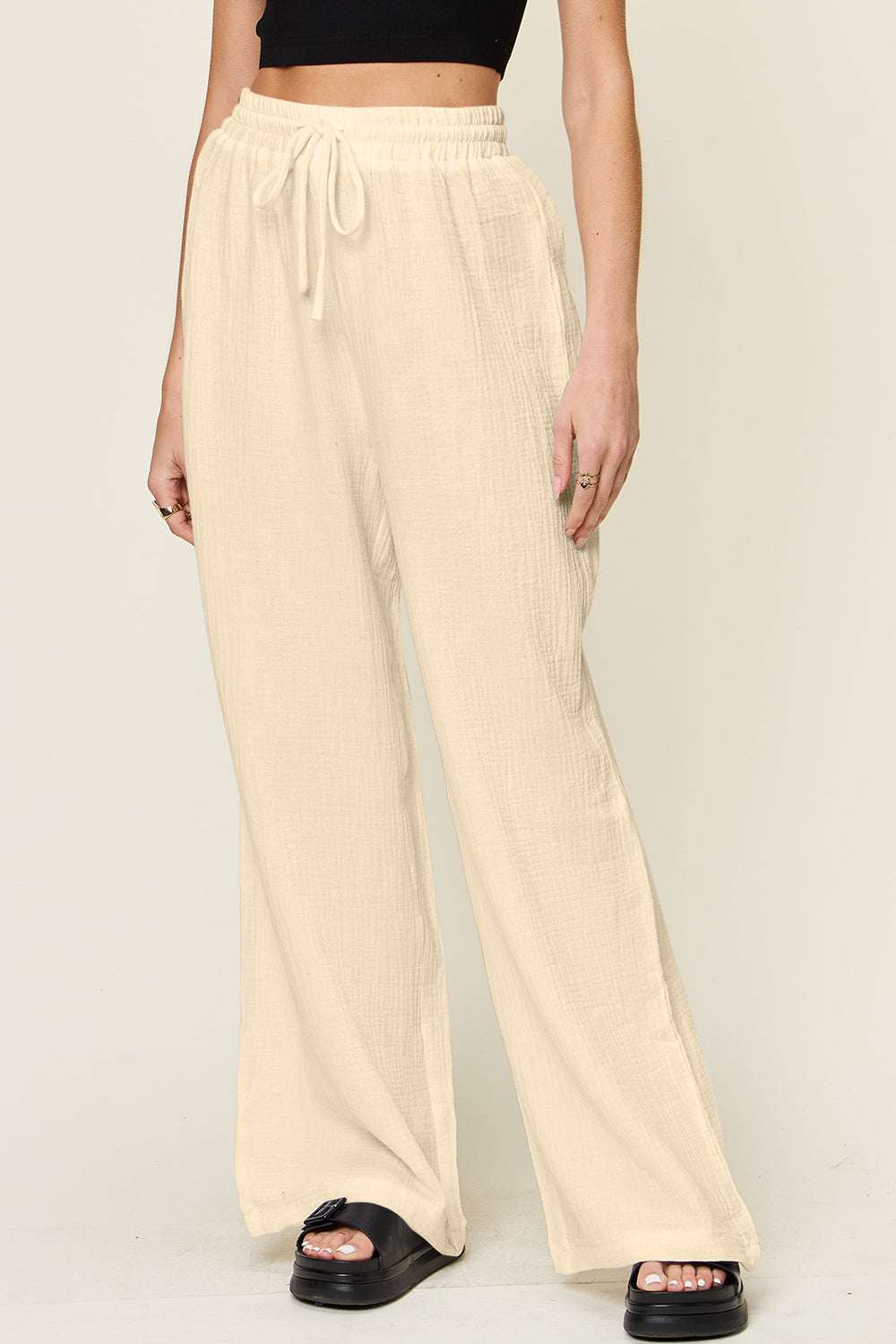 Double Take Full Size Texture Drawstring Wide Leg Pants in opaque cotton with adjustable waist.