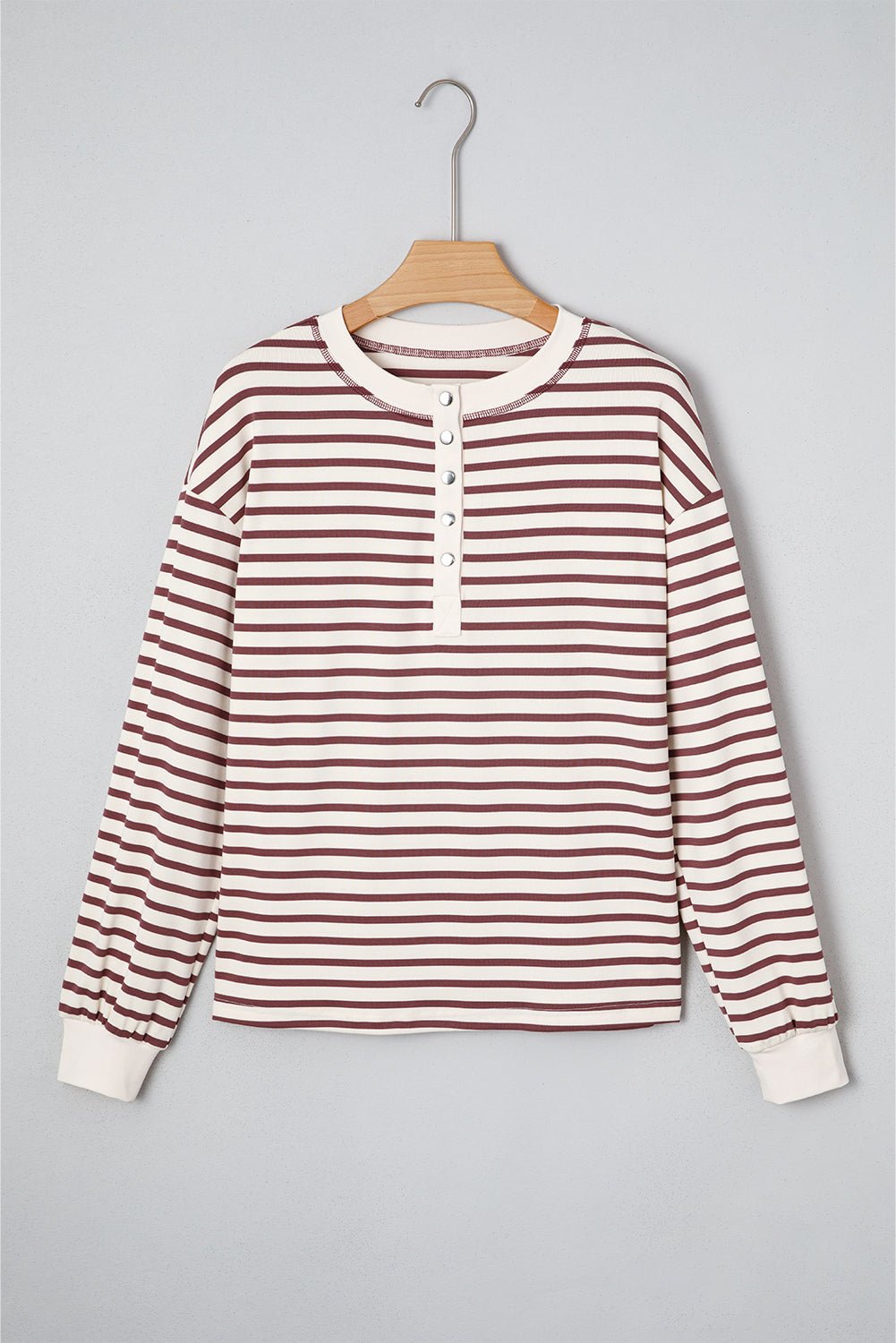 Red Dahlia Striped Print Drop Shoulder Long Sleeve Henley Top