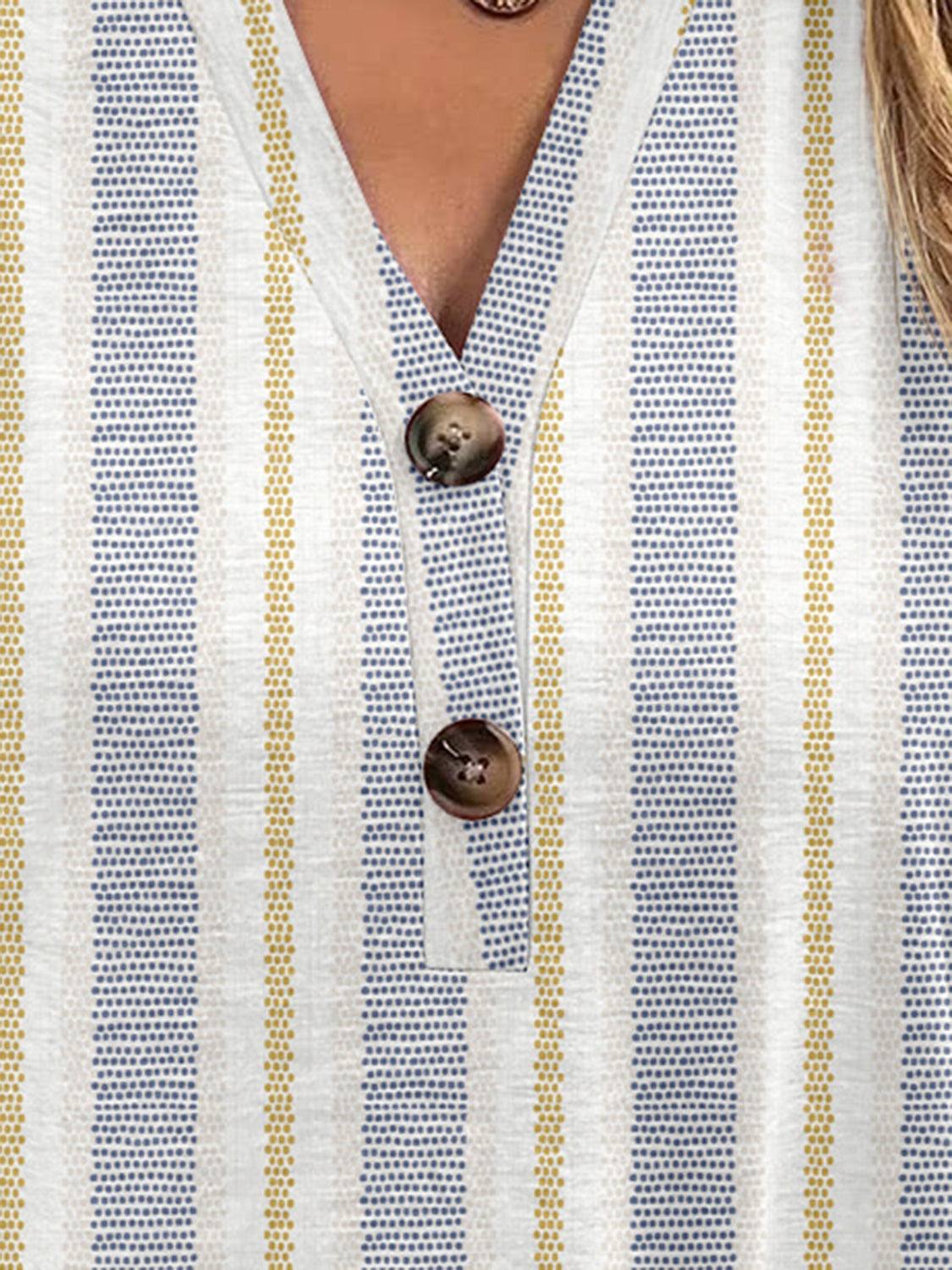 Full Size Printed Notched Short Sleeve Blouse with Buttoned Design