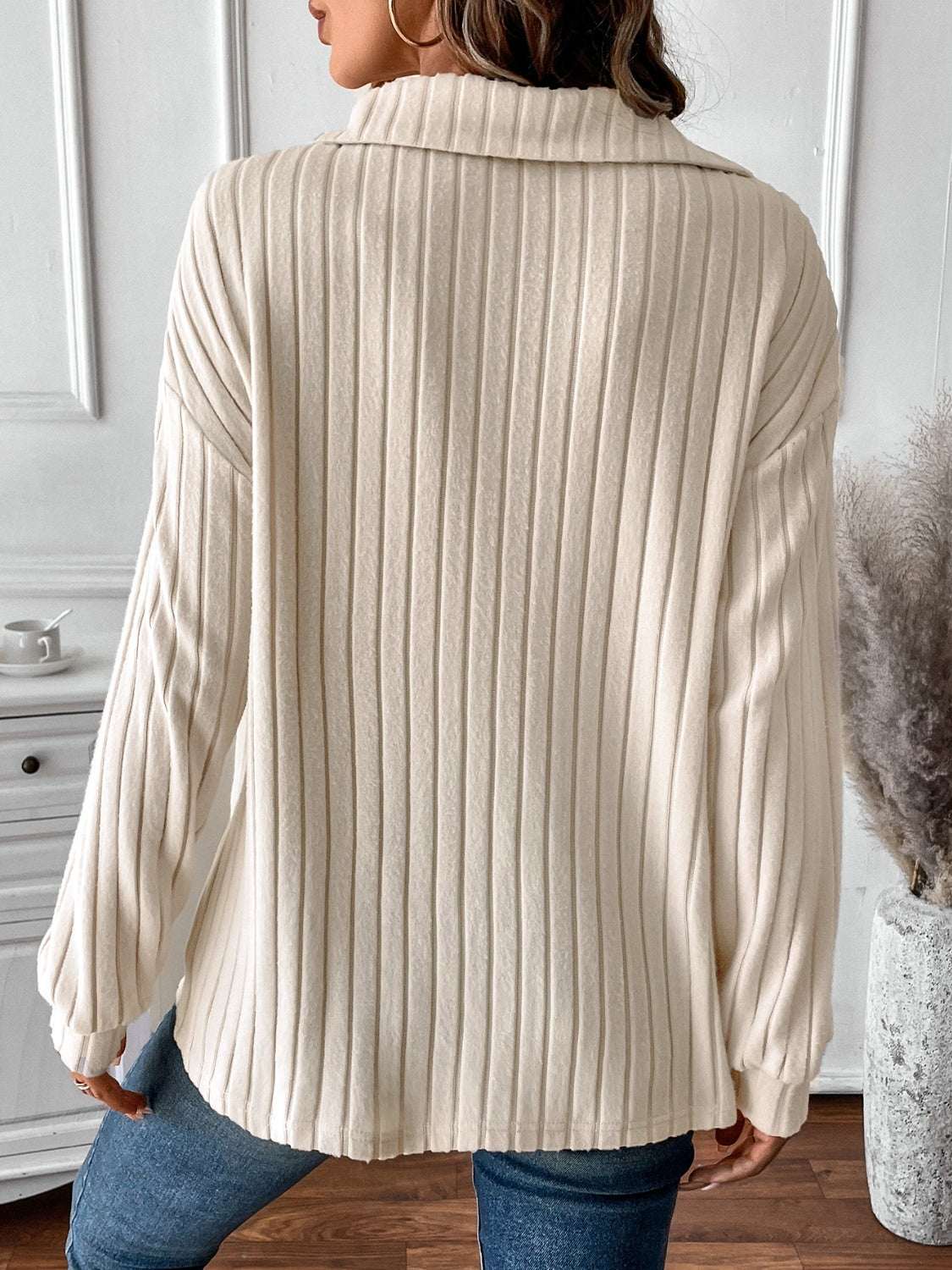 Ribbed Johnny Collar Long Sleeve T-Shirt in cream, featuring a basic style and moderate stretch, made from polyester and elastane.