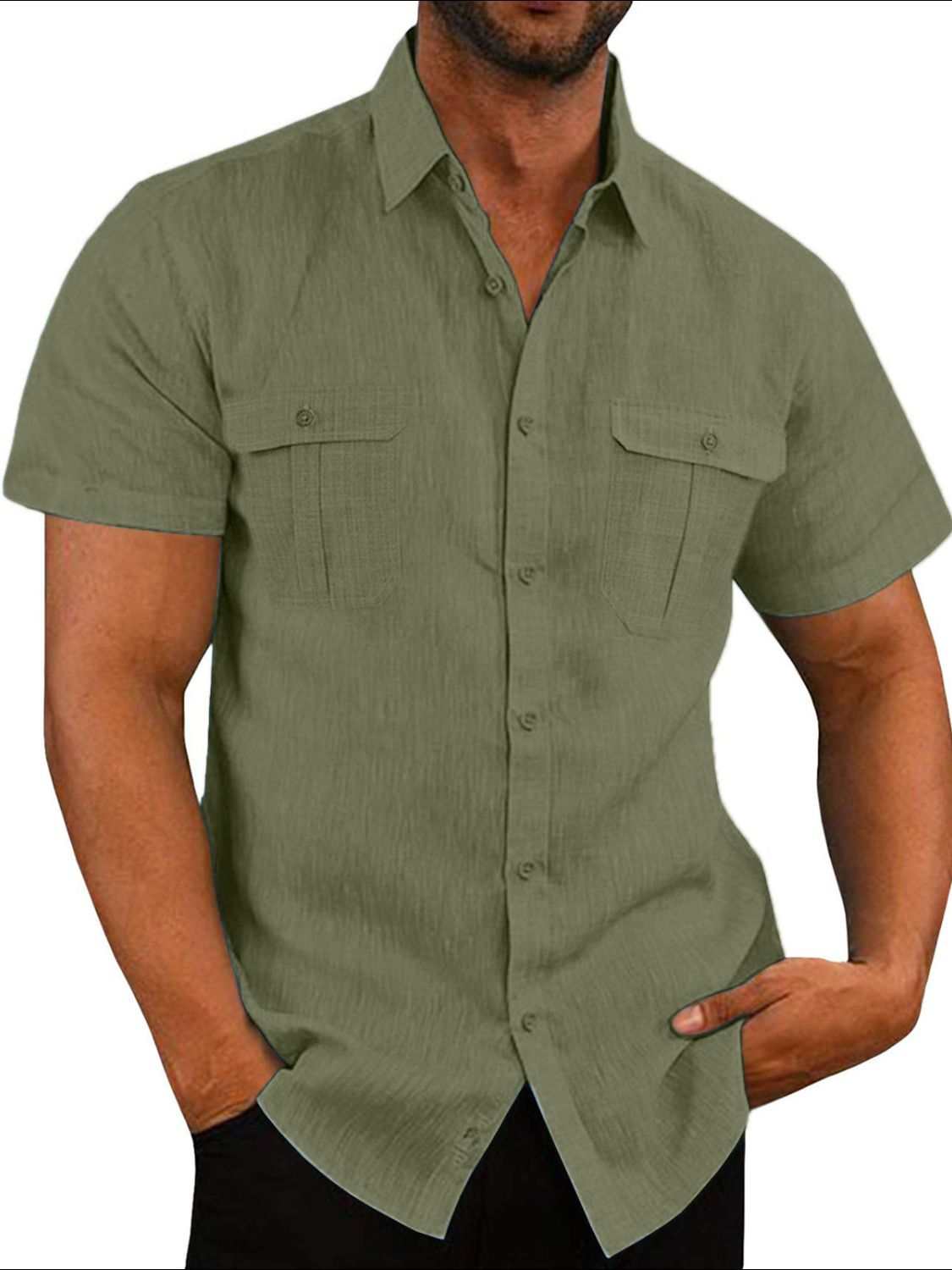 Men's plus size collared neck short sleeve shirt with pockets, buttoned, in green.